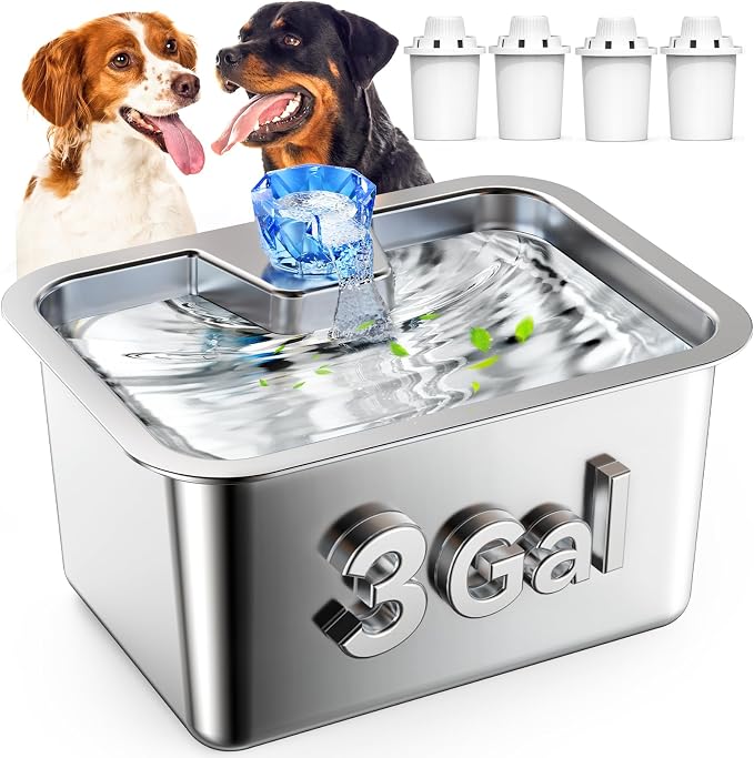 Stainless Steel Dog Water Fountain,3 Gallon Large Pet Water Fountains for Dogs and Cats, 11L /386oz Dog Water Bowl Dispenser w/Filter Drinking Bowls Indoor, Cat Founatin Quiet Pump, Easy to Use