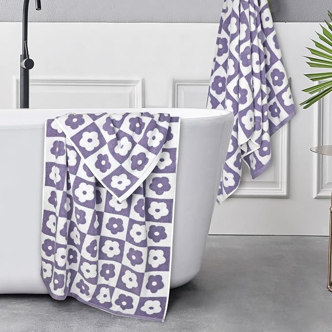 2-Pieces Luxury Bath Towels Checkered Floral, Purple Towels for Women Girls | Shower Body 27.5x55 Inches, Cute Bathroom Decor, Cotton