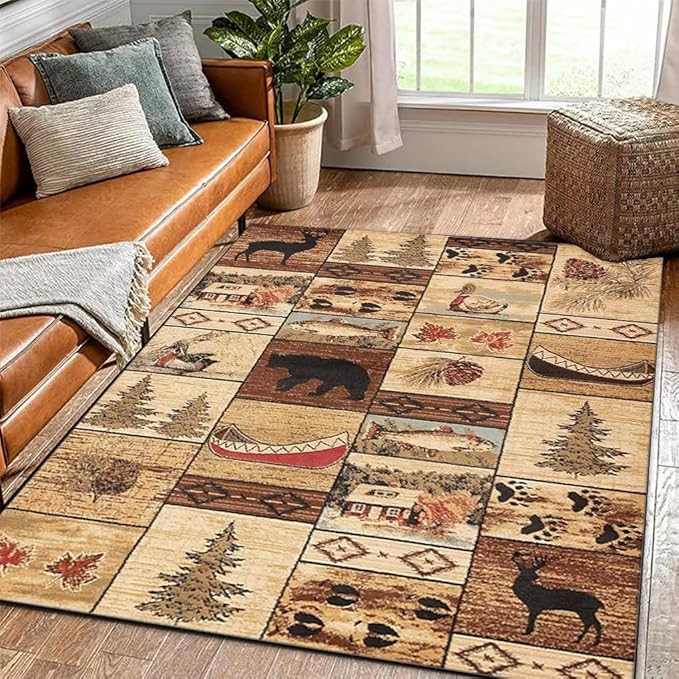 Retro Rustic Lodge Cabin Bear Area Rug for Dining Room Vintage Village American Style Throw Rugs Guest Room Decor Floor Mat 4'x6'