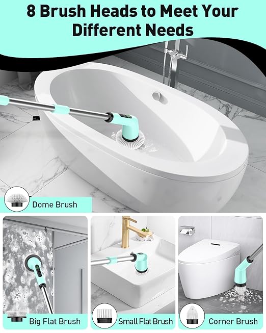 Shower Scrubber with Long Handle, Bathroom Cleaner Brush with 8 Floor Machine Pads, Cordless Electric Spin Scrubber for Cleaning with 2 Speed, Cleaning Supplies for Bathtub Kitchen Floor Mint