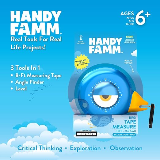 Handy Famm Kids Tape Measure – 8ft Blue Bird Retractable Measuring Tape with Level & Protractor, STEM Montessori Tool, Toddler Safe, Gift for Boys & Girls Ages 3+