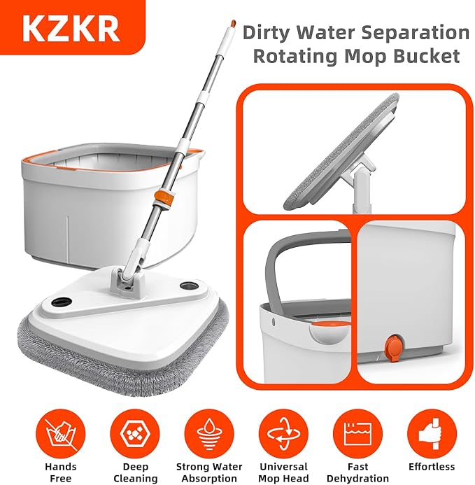 Spin Mop and Bucket Set with Self Separation Dirty and Clean Water System, Self Wringing 360° Rotating Square Mop Head for Home Floors Cleaning (1.0 Mop and Bucket Set (8 Pads))