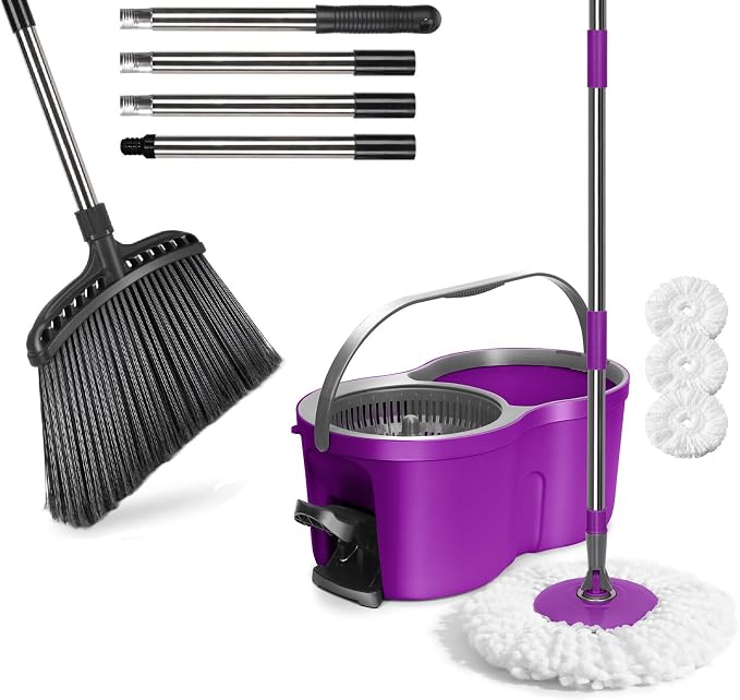 Masthome Spin Mop and Bucket with Wringer Set with 3 Reusable Pads & Heavy Duty Broom with Hard Bristles