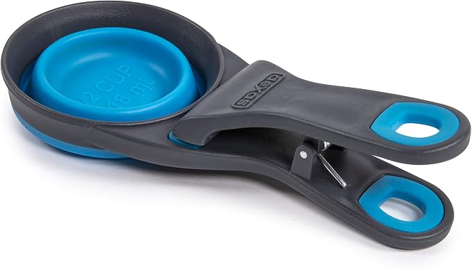 Dexas Popware for Pets Collapsible Klip Scoop, 3-in-1 Pet Food Scoop, Measuring Cup and Bag Clip, 1/2 Cup Capacity, Pro Blue