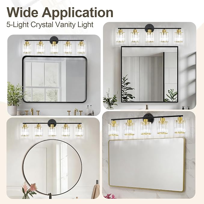 Crystal Bathroom Light Fixtures, Bathroom Lighting Fixtures Over Mirror, Modern Black Gold 5-Light Vanity Lights for Mirror,Restroom, Bedroom (Ceramic E26 Socket,Bulbs Not Include)