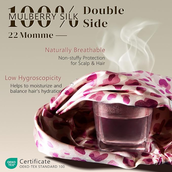 ZIMASILK 22 Momme 100% Mulberry Silk Bonnet for Sleeping & Women Hair Care, Highest Grade 6A Silk Hair wrap for Sleeping with Premium Elastic Stay On Head (1Pc, Leopard Pink/Purple)