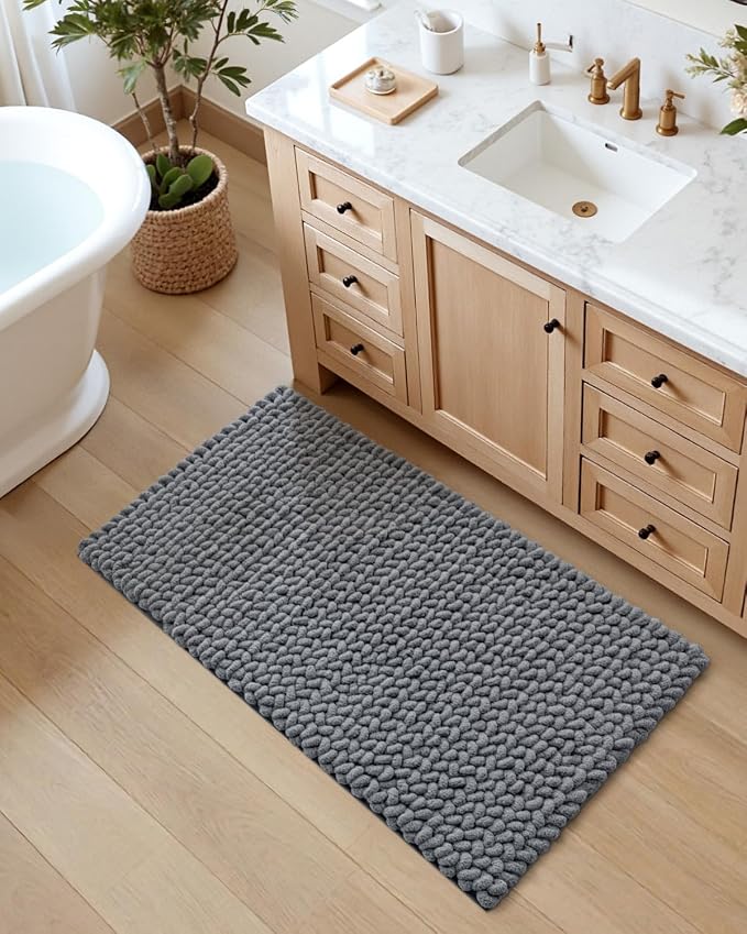 DEXI Bathroom Rugs 43x24, Non Slip Washable Bath Mat, Luxury Chenille Super Absorbent Ultra Thick Bathmats for Shower Floor, Plush Fluffy Shaggy Carpet for Tub, Dark Grey