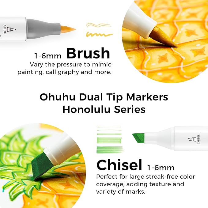 Ohuhu Brush Markers - 216-color Double Tipped Alcohol-based Art Marker Set for Artist Adults Coloring Illustration -Brush & Chisel Dual Tips - Honolulu Series of Ohuhu Markers - Refillable Ink