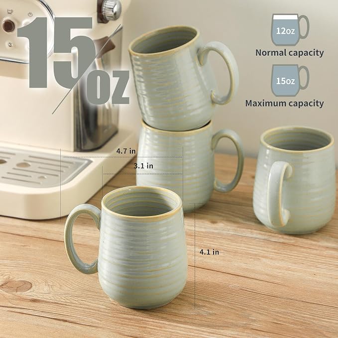 HASENSE Porcelain Coffee Mugs Set of 4, 15 Oz Reactive Glaze Coffee Cups with Handle, Large Tea Cup for Latte, Cappuccino & Hot Chocolate, Dishwasher & Microwave Safe, Sage Green