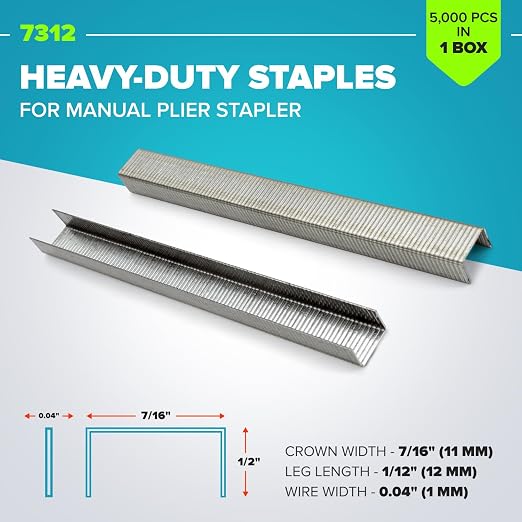 IDL Packaging Heavy Duty Staples for Plier HSP-12 - 7/16" x 1/12" x 0.04" (1 Box, 5000 pcs) - Non-Rusting, Durable Industrial Staples - Zinc-Plated Steel