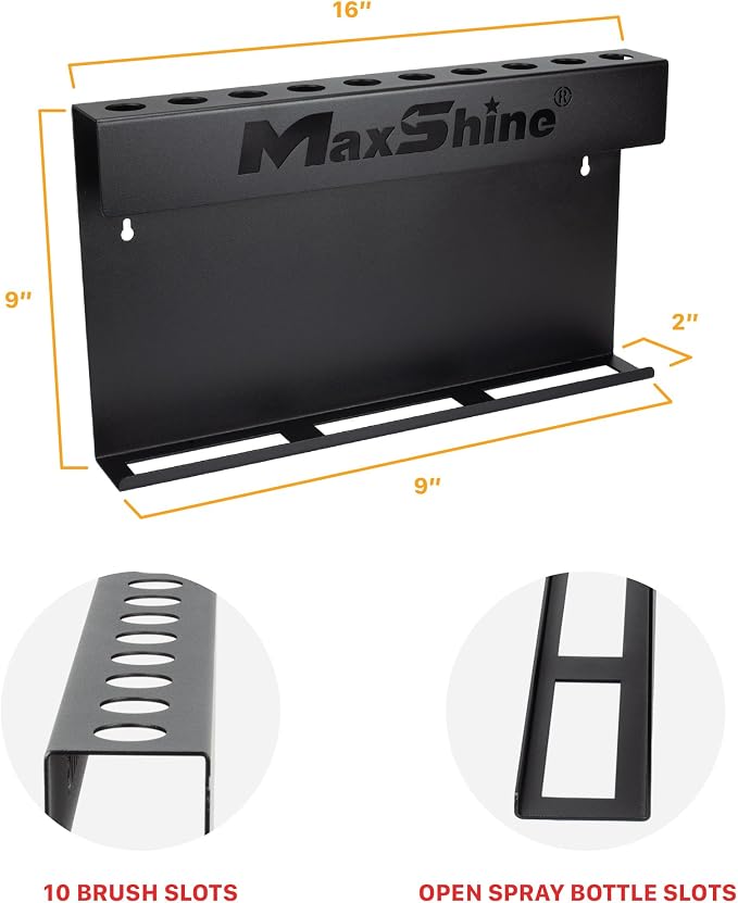 Maxshine Universal Brush & Trigger Bottle Holder – Wall-Mount Organizer Holds 10 Brushes & 6 Spray Bottles – Black Powder-Coated Metal Rack for Garage, Auto Detailing Shop & Car Care Storage