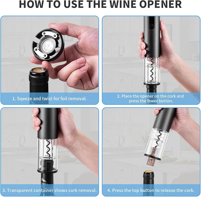 Rechargeable Electric Wine Opener Set, Automatic Corkscrew Set, Including Long Stem Wine Glasses of 2, Clear Glass Wine Goblet, Ideal Gift for Wedding, Wine Lover, Birthday, Girl, Men