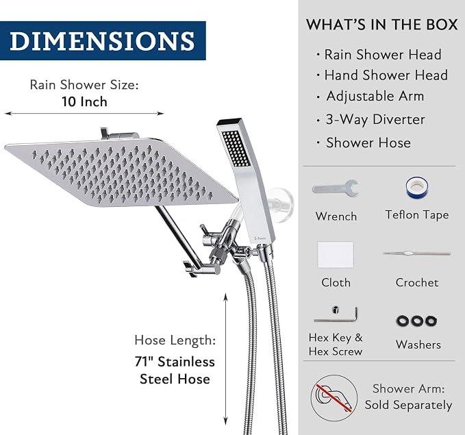 G-Promise All Metal 10" Dual Square Shower Head Combo | Rain Shower Head | Handheld Shower Wand | Adjustable | Smooth 3-Way Diverter | 71" Extra Long Hose - A Bathroom Upgrade (Chrome)