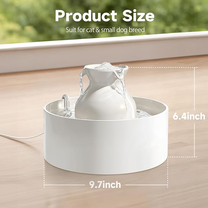 PETIMI Ceramic Cat Water Fountain, 3L/101 fl oz Ultra-Quiet Pet Water Fountain, Automatic Water Dispenser for Cats & Small Dogs, No Spill Cat Water Bowl, BPA-Free, 2 Filters Included, Easy to Clean