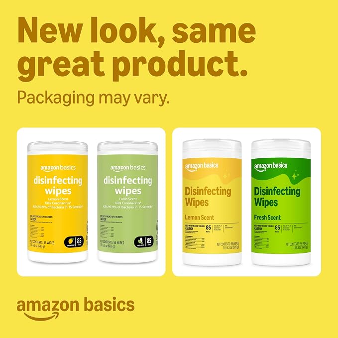 Amazon Basics Disinfecting Wipes, Lemon & Fresh Scent, Sanitizes, Cleans, Disinfects, Deodorizes, 340 Count (12 Packs of 85), Packaging May Vary