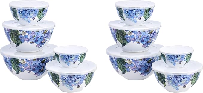 Amazon Basics Mixing Bowls with Lids, Nesting Melamine Serving Bowls, Non-Slip Base, BPA Free, Dishwasher Safe, 5 Sizes, Hydrangea Floral, Set of 10 (Pack of 2)
