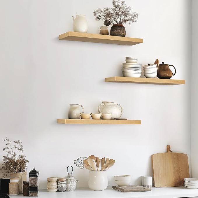 BAYKA Floating Shelves for Wall, 22.5 inches Wall Mounted Rustic Wood Shelves for Bathroom, Bedroom, Living Room, Floating Shelves for Books/Storage/Decor (Light Oak-Toned,Set of 3)