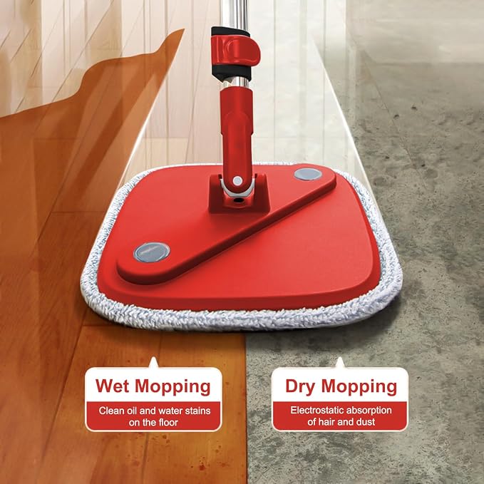 Spin Mop and Bucket with M16 Self Separation Dirty and Clean Water System with 2pads, Self Wringing 360° Rotating Clean Mop-Head and Bucket Set for Hardwood Tile Marble Floor-(Black+Red)