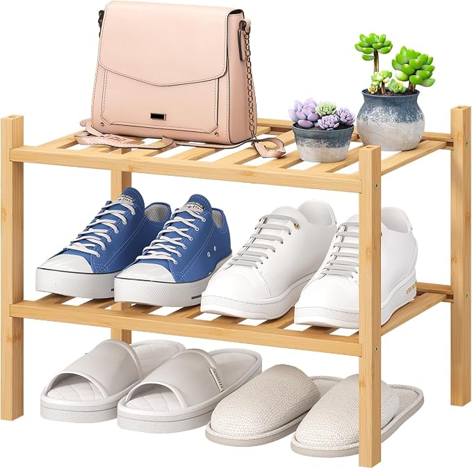 viewcare Small Shoe Rack, 2-Tier Shoe Rack for Entryway, Bamboo Wood Shoe Shelf for Closet & Hallway, Long 17.2IN | Beautiful | Functional | Sturdy | Durable