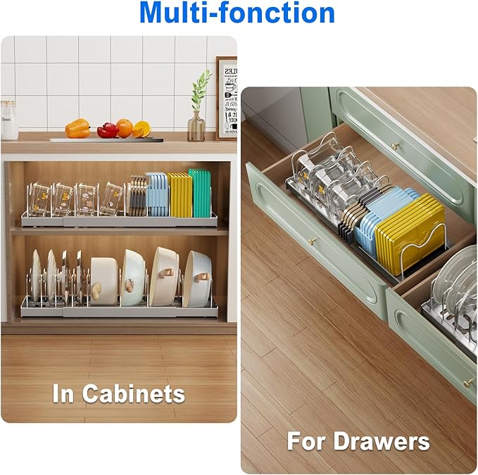 Mustorn 2 Pack Pots and Pans Organizer Under Cabinet, 22" Expandable Food Storage Container Lid Organizers with 9 Adjustable Dividers Pot and Pan Lid Holders Rack Inside Cabinet/Countertop(Gray)