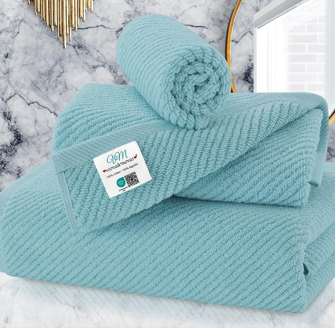 VOOVA & MOVAS 3PC Towel Set, 100% Cotton, Aqua Teal | 1 Large Bath 30x56 In, 1 Hand 18x28 In, 1 Wash Cloth 13x13 In, Quick Dry, Soft, Thick, Bathroom Essentials