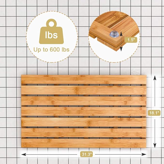 Bamboo Wooden Bath Floor Mat for Luxury Shower - Non-Slip Bathroom Waterproof Carpet for Indoor or Outdoor Use (31.3 x 18.1 x 1.5 Inches)