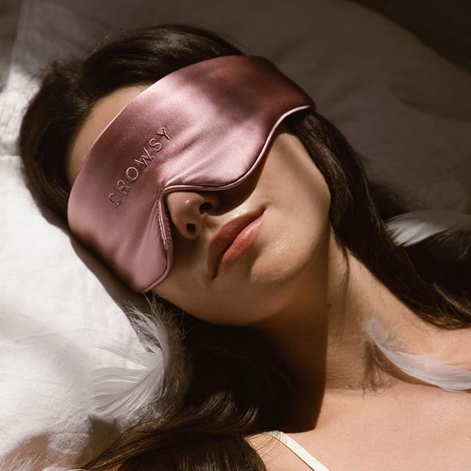 Drowsy Featherweight Silk Sleep Mask – Luxury Blackout Eye Mask for Sleeping & Travel, 100% Mulberry Silk, Lightweight Comfort, Adjustable Strap, Protects Skin & Hair - Damask Rose