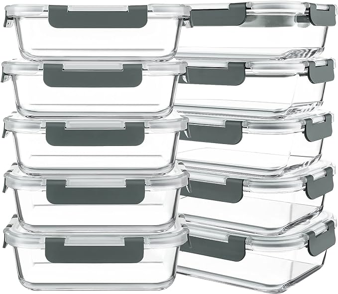 10 Packs 30 oz Glass Meal Prep Containers with Lids | Glass Food Storage Containers with Lids, Airtight Lunch Bento Boxes, Microwave, Freezer and Dishwasher, Gray
