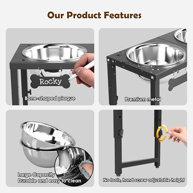 SHAINFUN Elevated Dog Bowls for Large Dogs, 3 Height Adjustable，Raised Tall Dog Food Water Bowl Stand with Two 101oz Bowls