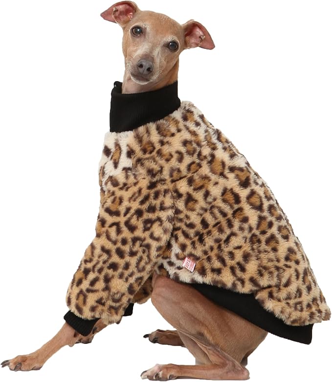 D DOGGYSTAR Italian Greyhound Winter Faux Fur Zip Up Coat Warm Plush Jacket for Slim Long Leg Dogs (M,Zip-up Leopard)