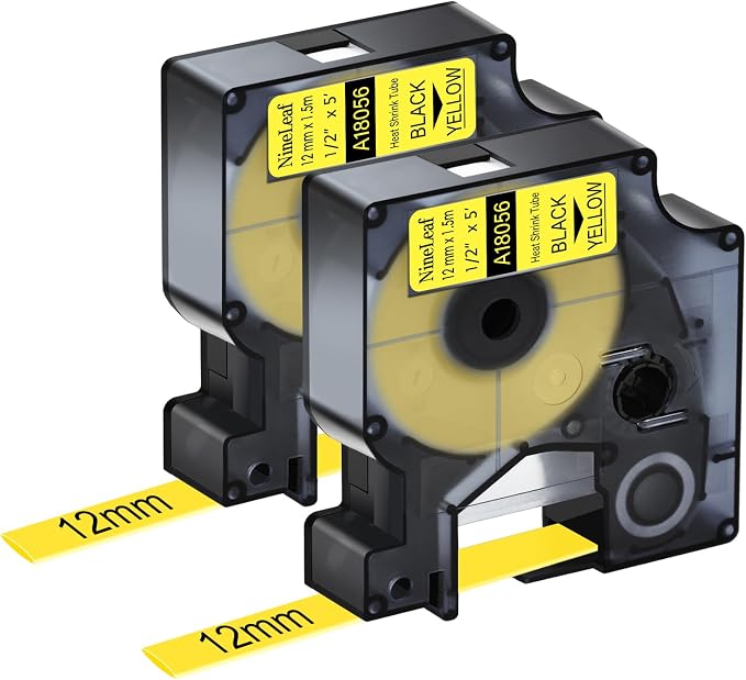 Nineleaf 2 Pack Compatible for DYMO 18056 Rhino Heat Shrink Tube Industry Label Tape 12mm 1/2" x 5ft Black on Yellow Wire Tapes for Industrial Rhino Pro 3000 4200 5000 5200 6000 3M Label Maker
