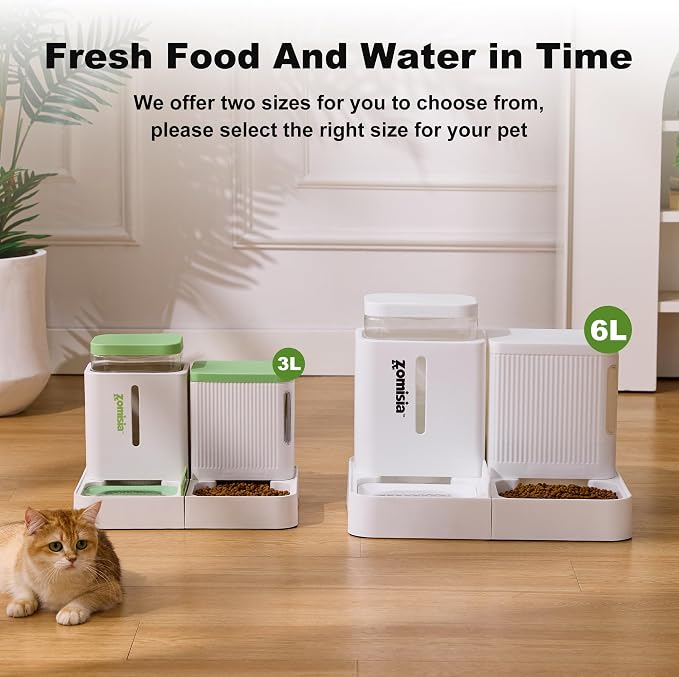ZOMISIA Gravity Cat Feeder and Water Dispenser, 2 in 1 Cat Self Feeder with 180 Degree Rotatable, Automatic Feeding Large Capacity for Small Medium Dog Puppy Kitten, White & Green, 0.8 Gallon x 2