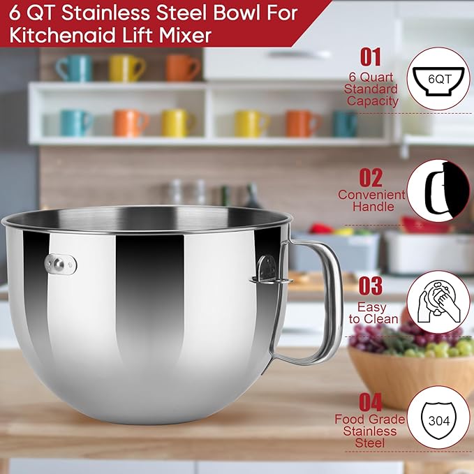 Stainless Steel Lift Bowl Compatible with Kitchenaid 6-qt. Mixing Bowl with Ergonomic Handle
