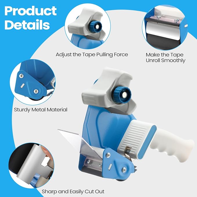 Dunzoom 2 Pack Packing Tape Dispenser Gun with 12 Roll Packing Tape 2 Inch Gun 2.7 Mil Heavy Duty Packaging for Shipping, Moving, Carton and Box Sealing(Blue and White)