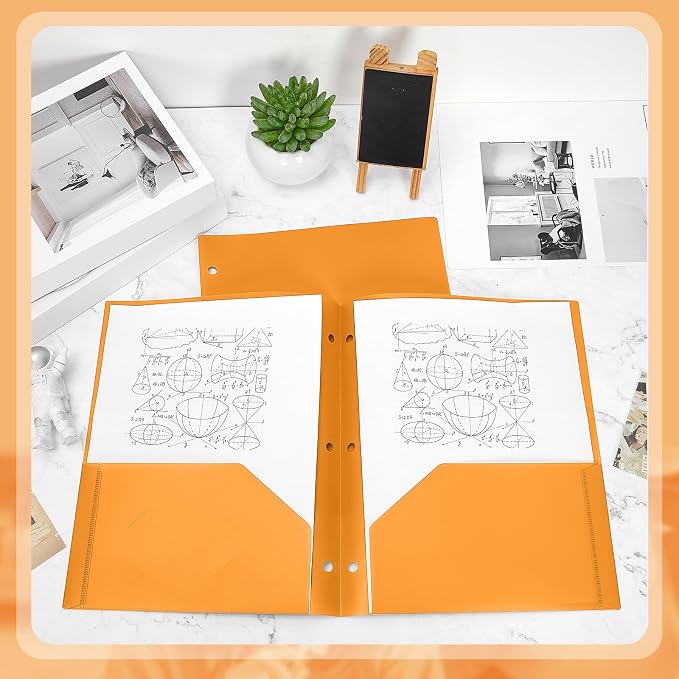 Yeaqee 50 Pcs Plastic Folders with Pockets Bulk 3 Hole Punched 2 Pocket File Folders for 3 Ring Binder Divider Folder for Notebooks, Durable Poly for Office Home (Orange)