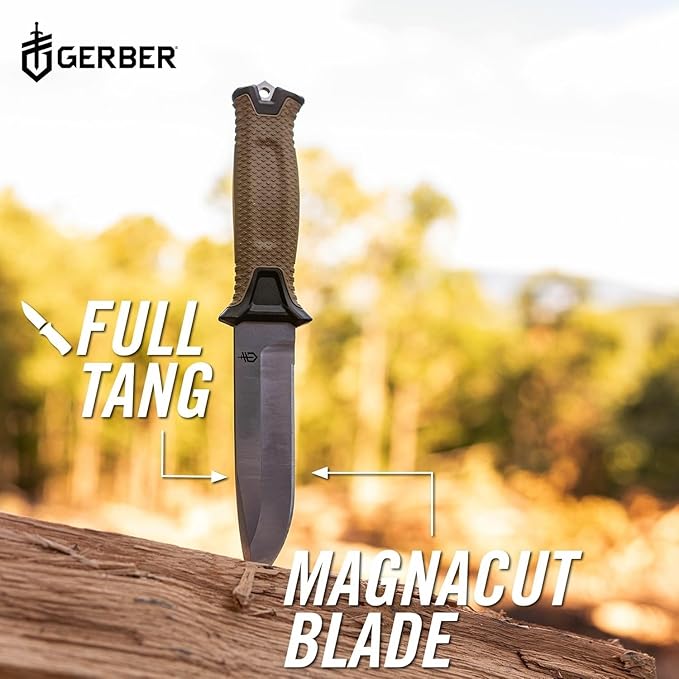 Gerber Gear StrongArm Magnacut - Fixed Blade Survival Tactical Knife for Camping, Outdoor, Hunting - Ergonomic Utility Tool with Sheath - Made in USA - Coyote Brown, Plain Edge