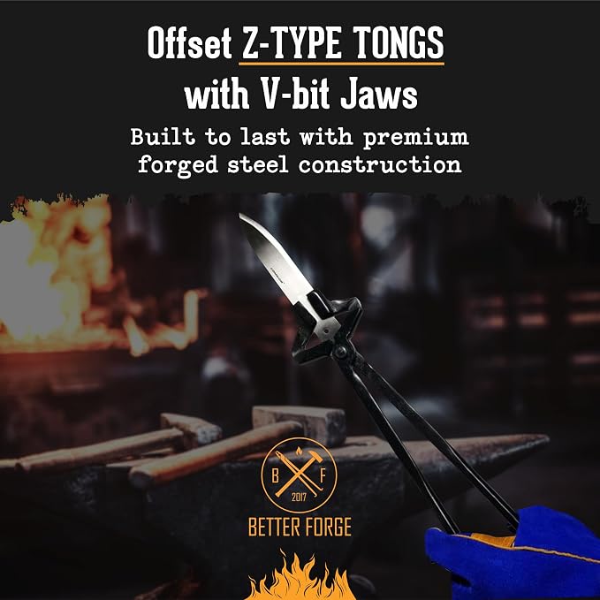 Offset Z-Type Blacksmith Tongs (17", Black) - Blacksmith Tools and Forging Tools for Beginner & Professional Blacksmithing - Durable Steel, Ergonomic Grip and Versatile