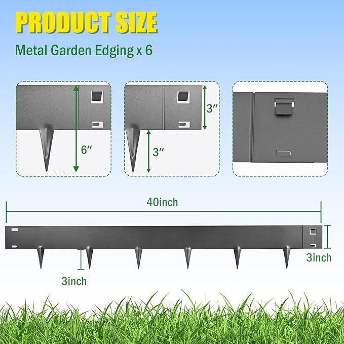 20ft. Metal Lawn Edging 6 Pack 6 inch, Black, Decorate Garden and Fence | Steel Landscape Edging for Fence, Yard Pathway, Flower Beds, Metal Lawn Edging with a Pair of Gloves
