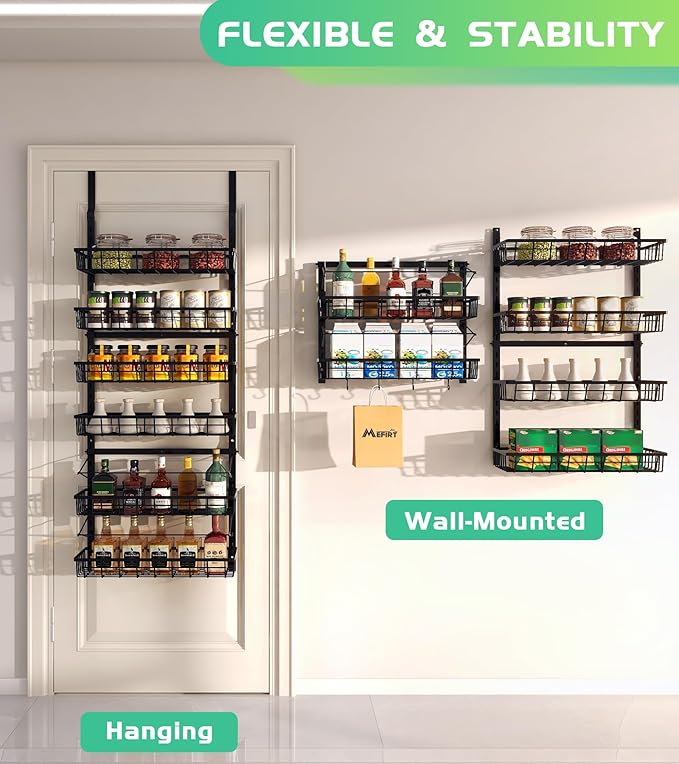 Mefirt Over The Door Pantry Organizer, Pantry Storage and Organization, 6-Tier Adjustable Hanging Baskets, Metal Wall Mount Spice Rack Seasoning Shelves for Home & Kitchen, Laundry Bathroom - Black
