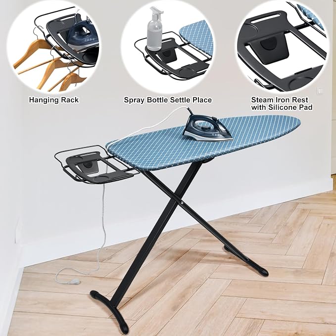 Duwee 17"x46" Ironing Board Full Size,Deluxe Ironing Board with Iron Rest | Heat Resistant Cover and Thicken Felt Pad, Adjustable Height,Heavy Sturdy Legs,Black