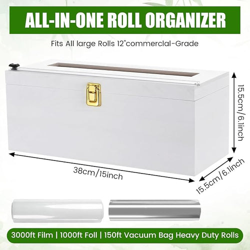 12" Commercial Plastic Wrap Dispenser with Cutter & Roller Heavy Duty Holder for 3000ft Film 1000ft Foil Roll for Restaurant Kitchen Foodservice