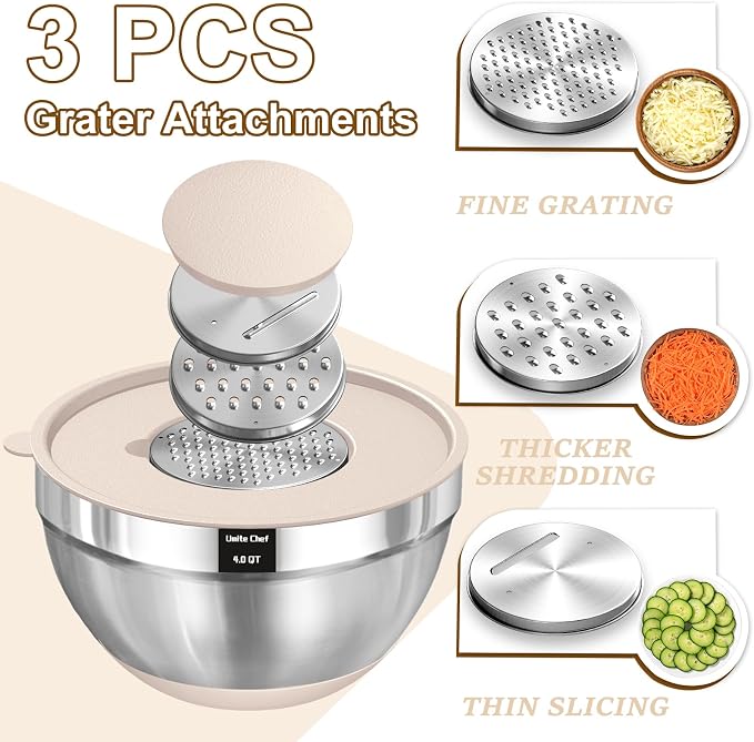 Umite Chef Mixing Bowls with Airtight Lids Set, 8PCS Stainless Steel Nesting Bowls with Grater Attachments, Non-Slip Bottoms, 5, 4, 3.5, 2, 1.5QT for Mixing & Serving