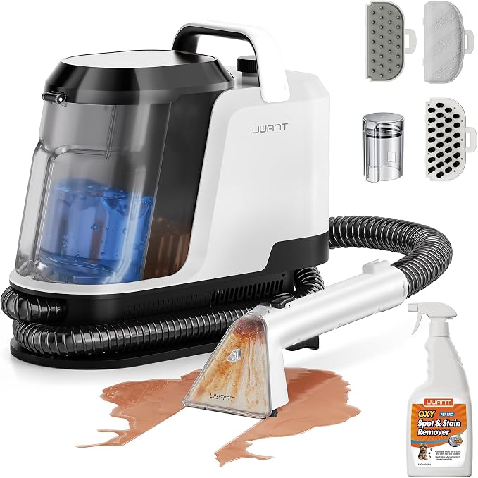 Uwant Upholstery Cleaner Machine with 18Kpa Suction Portable Carpet Cleaner Machine for Cars, Pets with Pet Pro Solution and Self Cleaning Tools Set of 1 for Spot, Rug, Couch