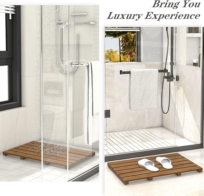 Bamboo Wooden Bath Floor Mat for Luxury Shower - Non-Slip Bathroom Waterproof Carpet for Indoor or Outdoor Use (Walnut)