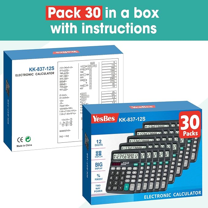 30 Pack Calculator Bulk, 12 Digits Calculators Desktop with Large LCD Display and Sensitive Butto, Solar and Battery Dual Power, Desk Calculator