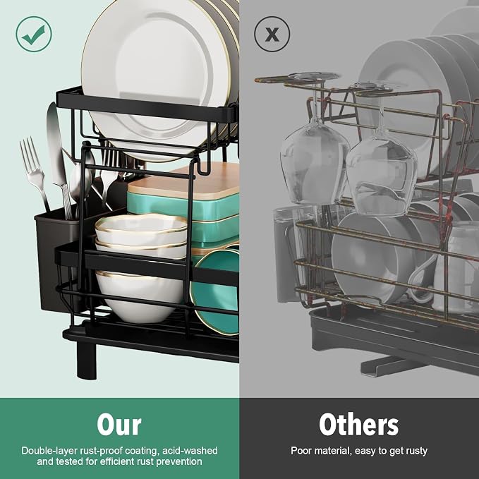 MOUKABAL 2 Tier Dish Drying Rack with Drainboard for Kitchen Counter, Black | 13×17 Large Capacity/Rustproof Stainless Steel/Fast Drainage Dish Drainer/Removable Utensil Holder/Kitchen Counter Organizer