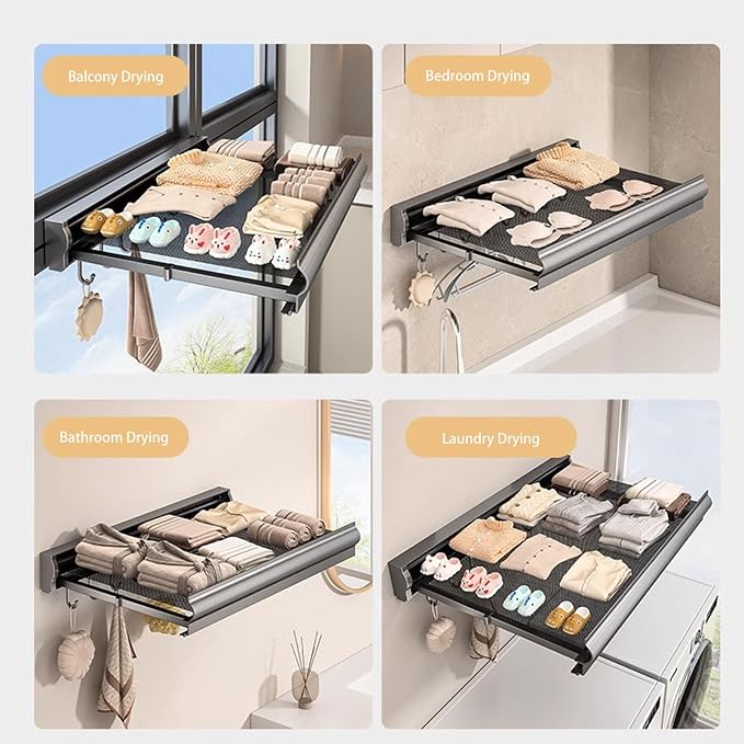 Space Aluminum Retractable Wall Mounted Clothes Drying Rack 23.6 Inch No Drilling Hidden Laundry Drying Net for Bathroom Balcony (Gray)