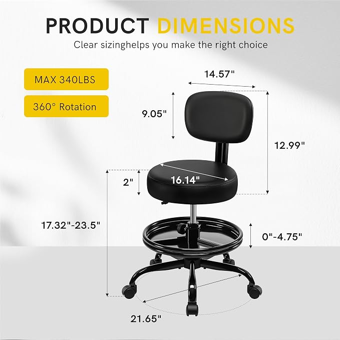 BestGlory Rolling Shop Stool with Wheels, Adjustable Height Heavy Duty Garage Stool with Storage Tray and Footrest, Garage Mechanic Stool Chair with Backrest for Workshop Kitchen Salon