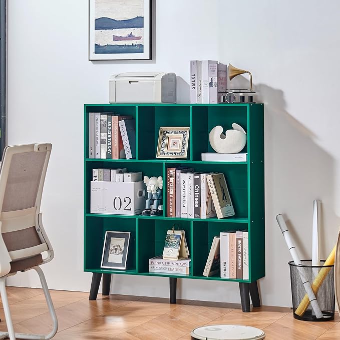 LEYAOYAO 8 Cube Bookshelf,Mid-Century Modern Bookcase with Legs,Dark Green | 3 Tier Book Shelf,Rustic Wood Bookshelves Freestanding Large Storage Organizer, Open Shelves for Bedroom, Living Room, Office