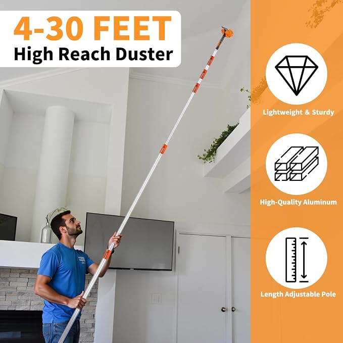 4-30 Ft Window Squeegee Cleaning Kit, Window Washing Kit with Extension Pole, 2-in-1 Window Cleaner Tool with Long Handle Scrubber for Outdoor Indoor Use (Microfiber Feather Duster & Cobweb Duster)